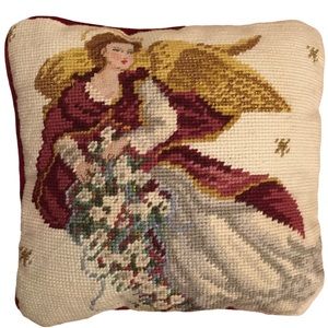 Needlepoint Angel peti point face Pillow Red‎ Velvet Back